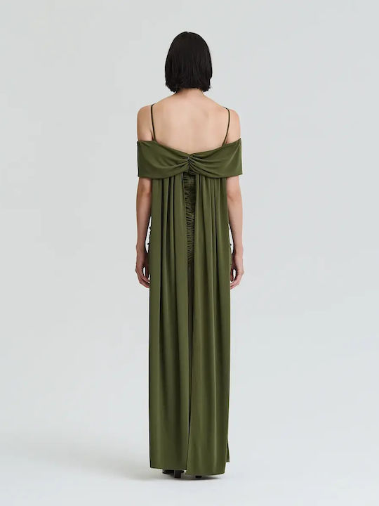 Summer Maxi Evening Drape Dress with Slit Olive