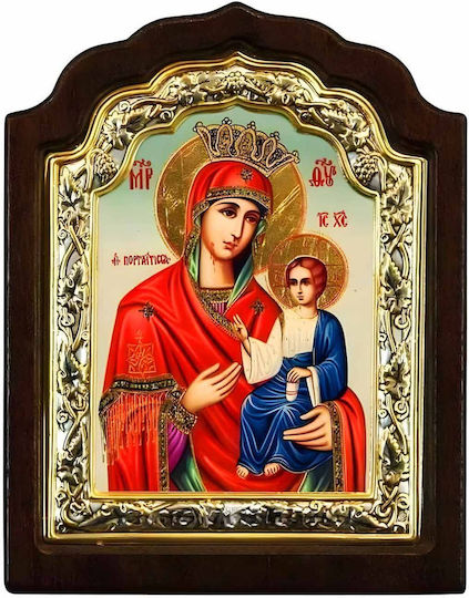 Panagia Portaitissa Silver Icon Wood Locally Gilded 16x11 Cm