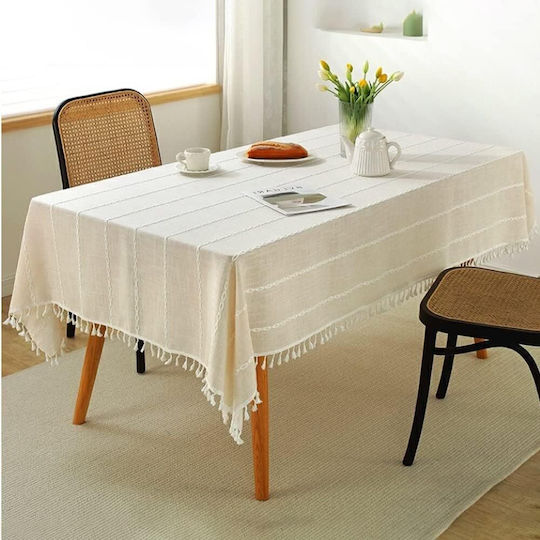 FRIPIA Leinen Tischtuch mit Stickerei Weiß 140x350cm