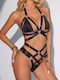 Roza Rz046 Black Strappy Bodysuit Women Black Cut Outs Metal Rings & Adjustable Straps