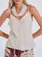 Damen Sommer Leinen Bluse mit Spaghetti-Träger und V-Ausschnitt Beige