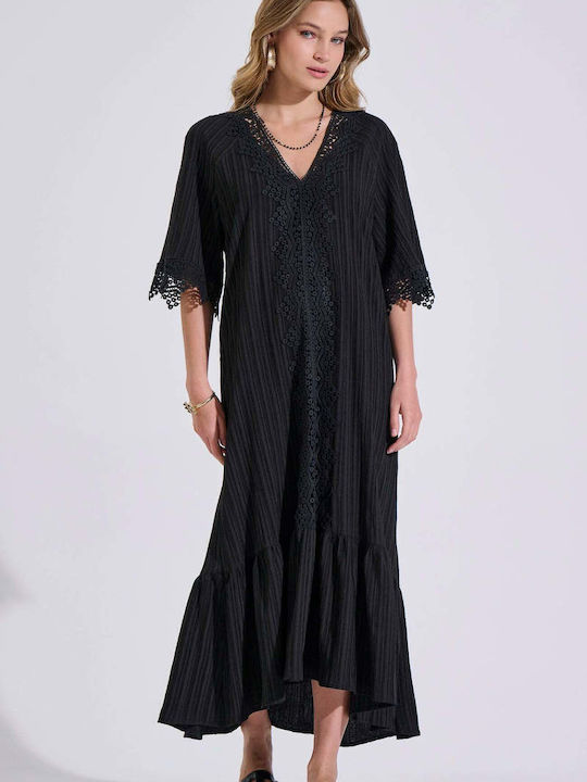 Summer Maxi Knitted Dress with Ruffles Black