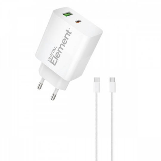 Element Зарядно GaN с USB-A порт и USB-C порт и кабел USB-C - USB-C 45W Power Delivery Бял (CH-350)