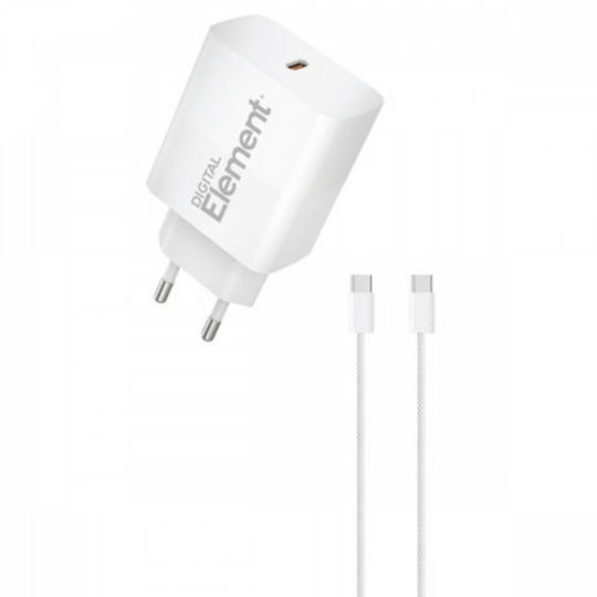 Element Зарядно GaN с USB-C порт и USB-C - USB-C кабел 30W Power Delivery Бял (CH-250C)