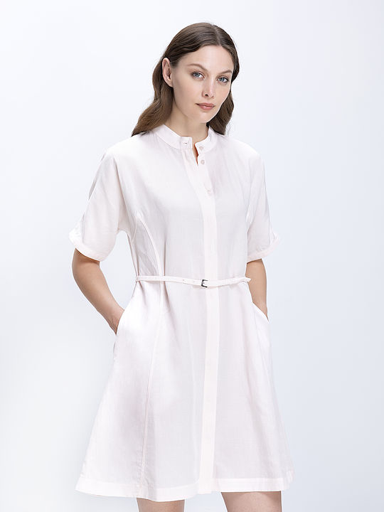 Rochie Cămașă Mini de Vară cu Mâneca Scurtă Roz Deschis