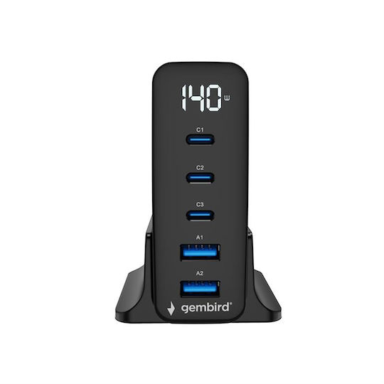 Gembird GaN Charging Station with 2 USB-A Ports and 3 USB-C Ports 140W Power Delivery / Quick Charge 3.0 in Black Colour (TA-UC-2A3C-PD140-01-BK)