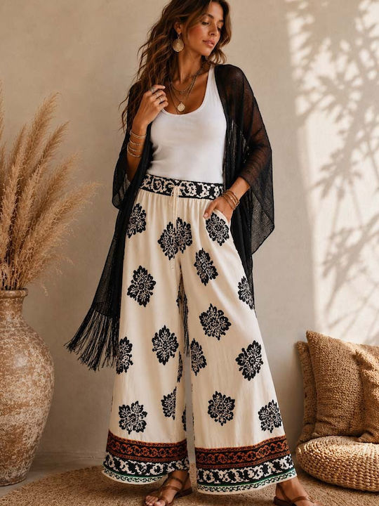 Women's Linen Pantaloons with Rubber Band Palazzo Fit Ecru