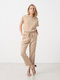 Women's High Rise Fabric Trousers with Elastic Beige