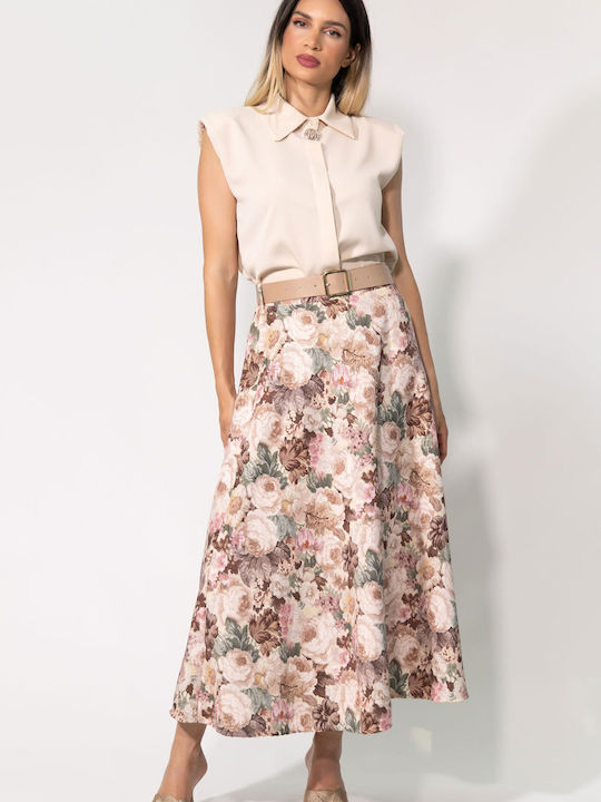 Ψηλόμεση Maxi Φούστα Floral Μπεζ