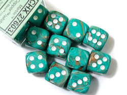 Chessex 16 мм D6 Зарчета с точки Блокове 12 зарчета Мраморен окси-мед/бял