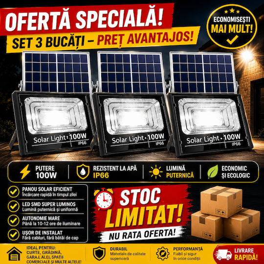 Smart Set 3 Lampi Solare 100W 3200lm Alb Rece 6500K cu Senzor de Mișcare și Telecomandă