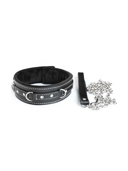 Naughty Toys Black Leather Collar Gems Metal Leash