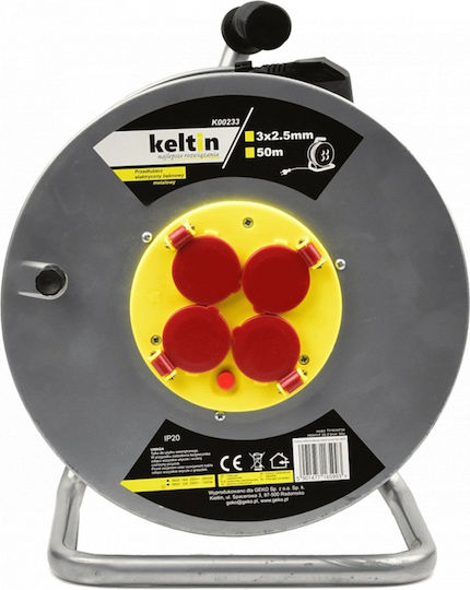 Keltin Extension Cord Reel 4-Socket with 50m Cable Cross Section 3 x 2.5mm² and Grounding