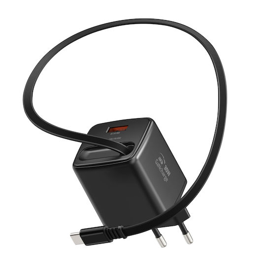 Swissten Usb-a 30w Wall Charger Integrated 0.75m Retractable Usb-c Cable Black
