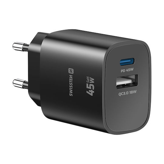 Swissten 45w Usb-c Power Delivery Charger Usb-a Quick Charge 3.0 18w Black