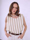 Celestino Damen Bluse Leinen Gestreift Loose Fit Beige