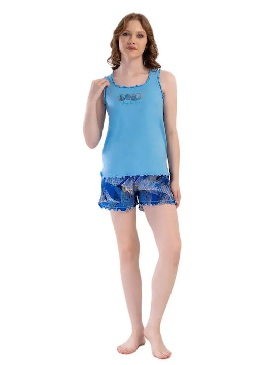 Vienetta Secret Summer Women's Cotton Light Blue Pyjama Set
