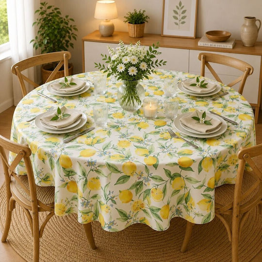 Pucioasa Tablecloth Rotunda Stain Resistant Lemons And Leaves Φ180cm