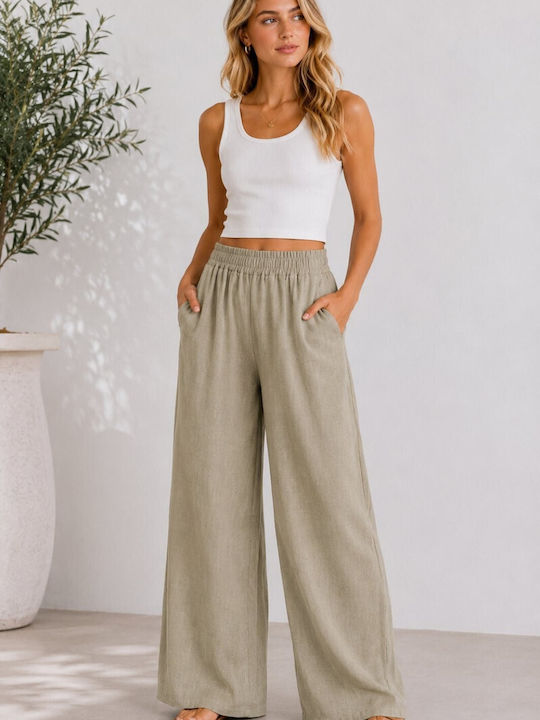 Women's High Rise Pantaloons with Rubber Band in Loose Fit Khaki