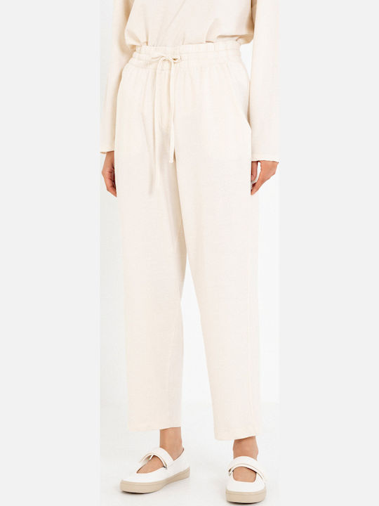 Pantaloni dama din tesatura cu elastic ecru