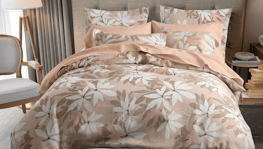 Super-Double Bed Sheet Set With 2 Pillowcases With Rubber Hugger 160x260cm Floral Beige 3 Pieces