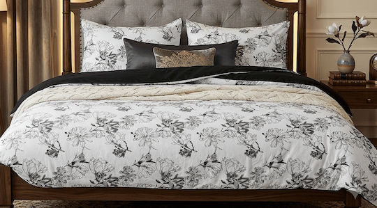 Super-Double Bed Sheet Set With Rubber Hugger 160x260cm Black And White 3 Pieces