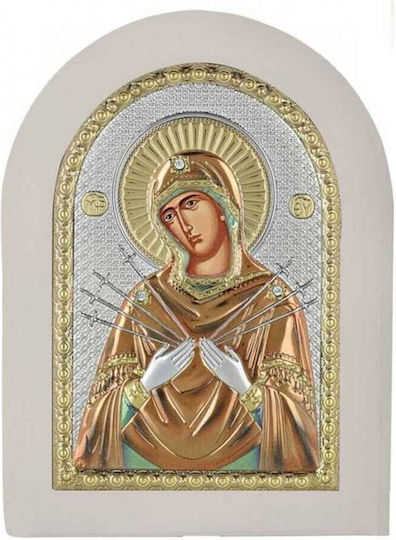 Silber Heiligenikone 925 Panagia Sieben Schwerter Weißes Holz 10 x 14