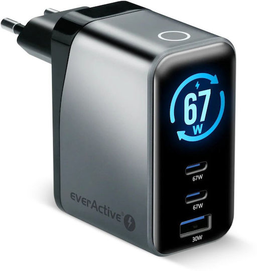 everActive Φορτιστής Χωρίς Καλώδιο GaN με Θύρα USB-A και 2 Θύρες USB-C 67W Power Delivery Γκρι (SC-670Q)