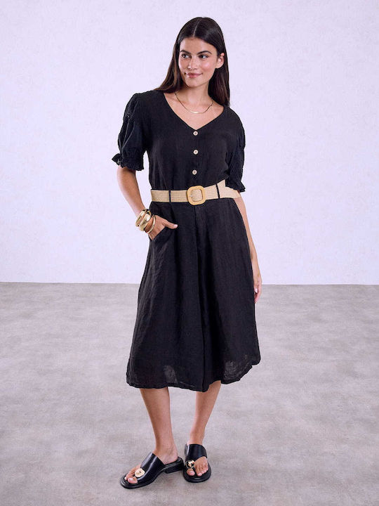 Celestino Women's Linen Shirt Crochet Details Black