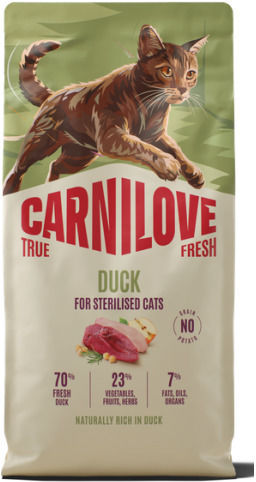 Carnilove True Fresh Trockenfutter für Erwachsene kastrierte Katzen ohne Getreide mit Ente Fleisch Kürbis Lachs Kartoffeln Huhn 6kg