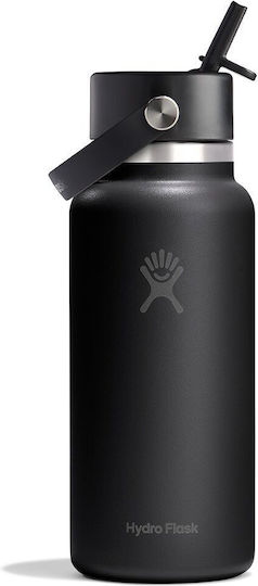 Hydro Flask Wide Mouth Flex Thermos Bottle Stainless Steel BPA Free 1lt Black with Straw