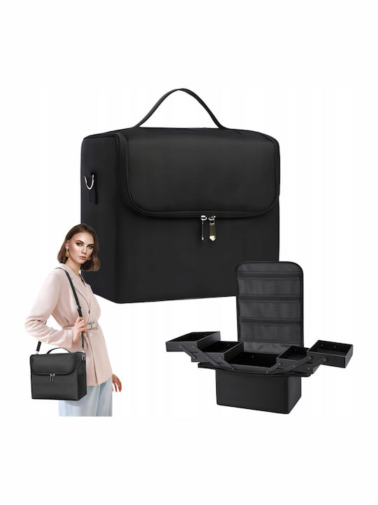 Zola Kosmetik Kulturbeutel 4 Erweiterbare Fächer 3 Reißverschlussfächer Tragegurt Wasserdicht 25,5 x 28 x 21 cm Schwarz