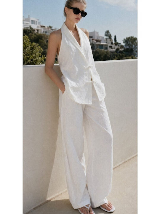 Women's High Rise Linen Trousers in Regular Fit Beige