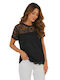 Women's Blouse with Lace & Mesh Black