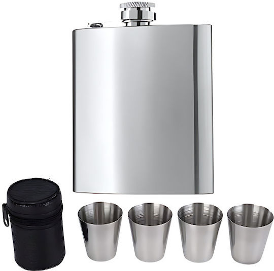 Silver Hip Flask 220ml 4 Shot Glasses 30ml