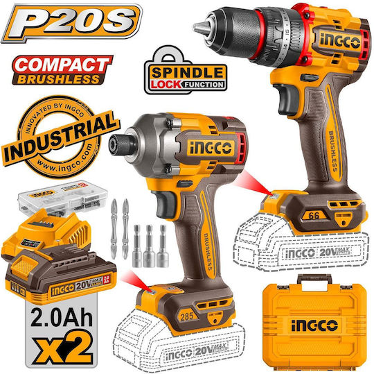 Ingco CKLI20277E Drill Driver & Impact Screwdriver Brushless 20V with 2 Batteries 2Ah and Case