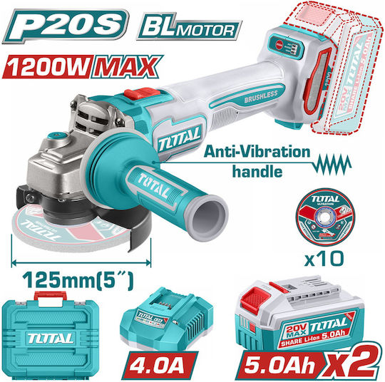 Total TAGLI2120272E Τροχός 125mm Μπαταρίας Brushless με Ρύθμιση Στροφών 2x5Ah
