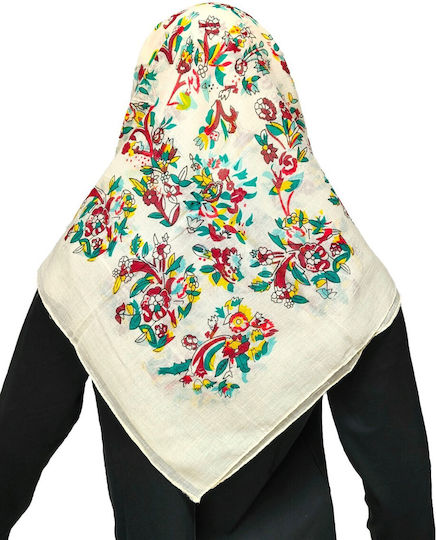 Traditional Attica Menidi Headscarf Ecru Coloured Flowers Mark215 Ivory Flowers