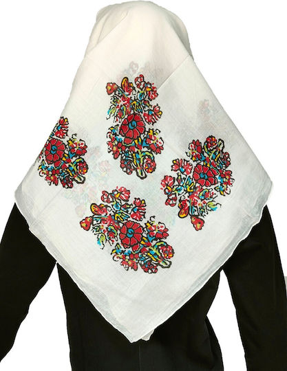 Traditional Women's Headscarf of an Epirus Woman White Carnation Cotton Mark220 White