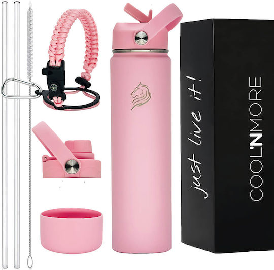 Cool'NMore Μπουκάλι Θερμός Ανοξείδωτο BPA Free 750ml Flamingo με Καλαμάκι, Λαβή, Θηλιά και Επιστόμιο