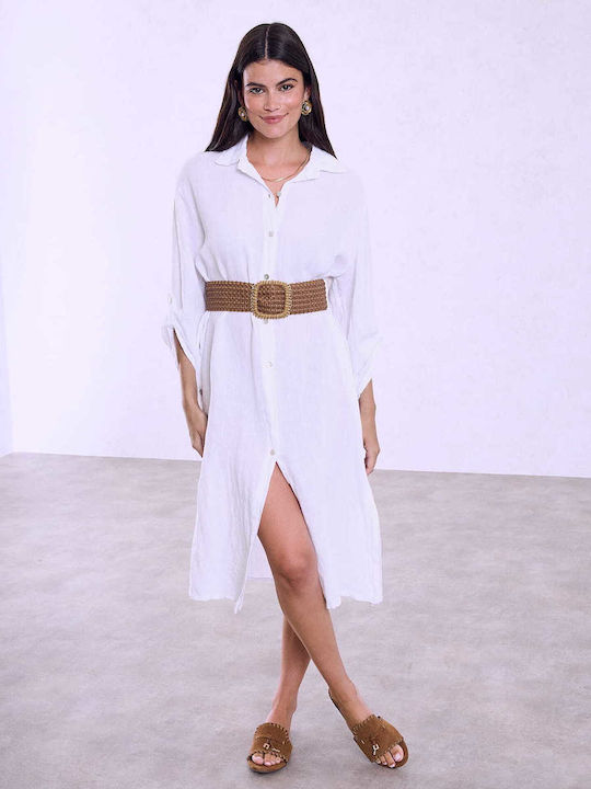 Celestino Women's Midi Linen Loose Fit White Dress