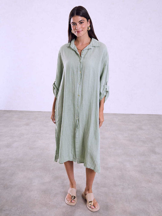 Celestino Women's Midi Linen Loose Fit Khaki Open Dress