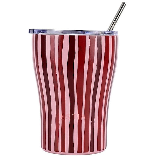 Estia Coffee Mug Save The Aegean Recyclable Thermos Glass Stainless Steel BPA Free 350ml Viva Stripe with Straw