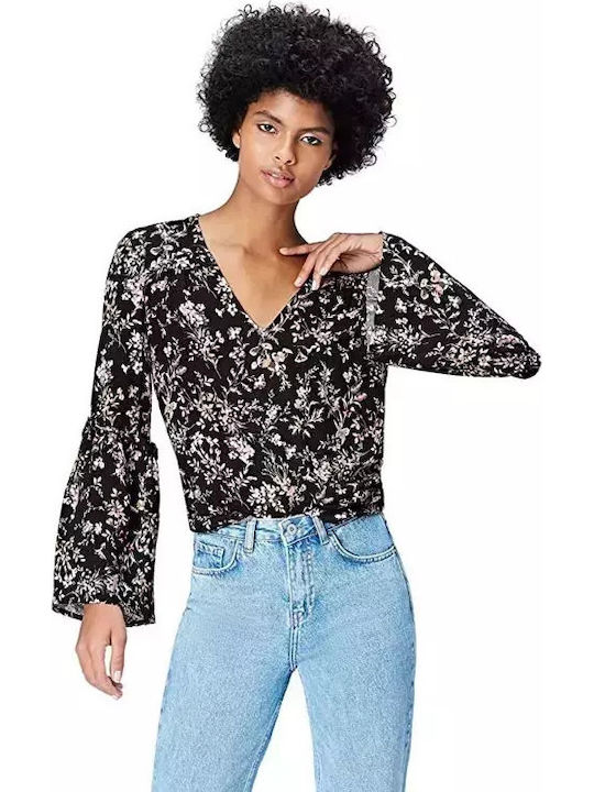 Bluza Damă Mânecă Lungă cu Decolteu în V Model Floral Neagră