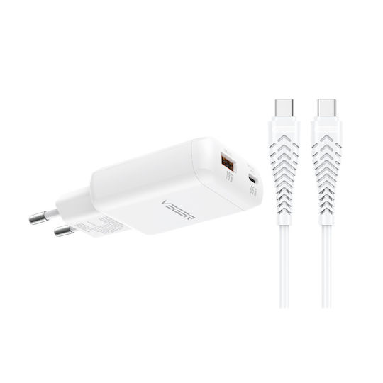 Veger GaN Charger with USB-A Port and USB-C Port and USB-C - USB-C Cable 65W Power Delivery / Quick Charge 3.0 White (TR122)