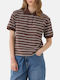 Damen Polo Bluse Kurzärmelig Gestreift Braune