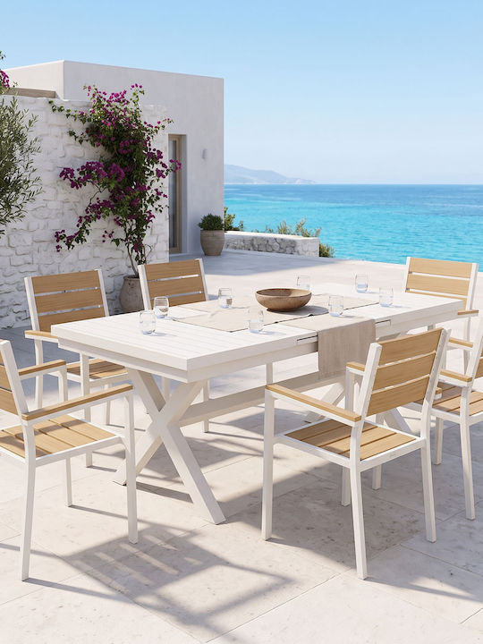 Garten- und Outdoor-Möbelsets Typsatz Speisesaal 7 Stücke Herstellerfarbe Weiß mit Sonnenschirmhalter