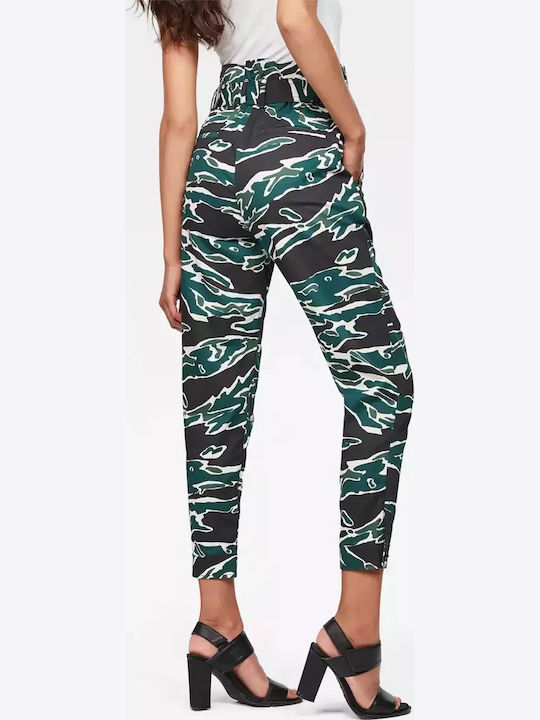 Дамски Висок Текстилен Панталон с Paperbag Кройка Леопардов Dark Gray/green