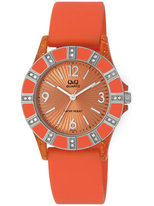Q&Q Damenuhr Batterie mit Orange Gummi Armband