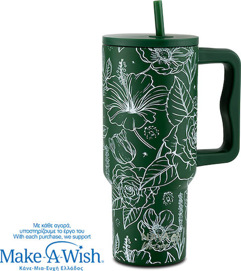 Nava "we Care" Handled Tumbler Θερμός Ανοξείδωτο / Πλαστικό 900ml Sketch Floral με Καλαμάκι και Λαβή